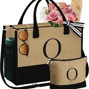 Initial Jute Tote Bag & Makeup Bag, Birthday Gifts for Women Her Mom Teacher